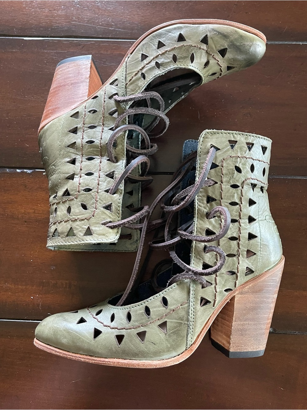 freebird Olive Green Cutout Lace-Up Block Heel Ankle Boots